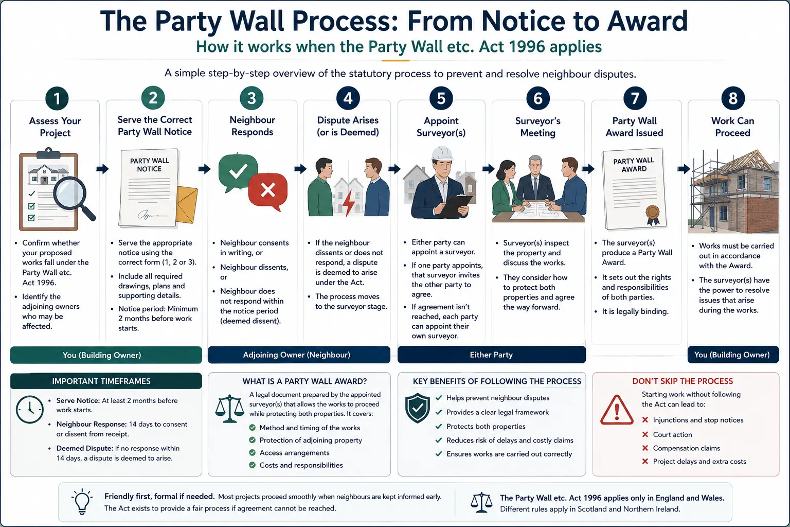 Do I Need a Party Wall Agreement? An infographic showing the party wall process from notice to award in a very interactive way for the citizens living in Oxford, UK