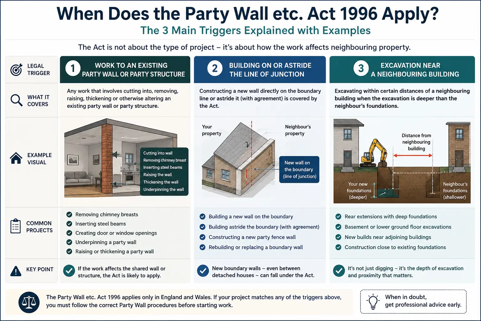 Do I Need a Party Wall Agreement? An infographic showing when does the party wall etc act 1996 apply like excavation, junction, painting, in Oxford, UK